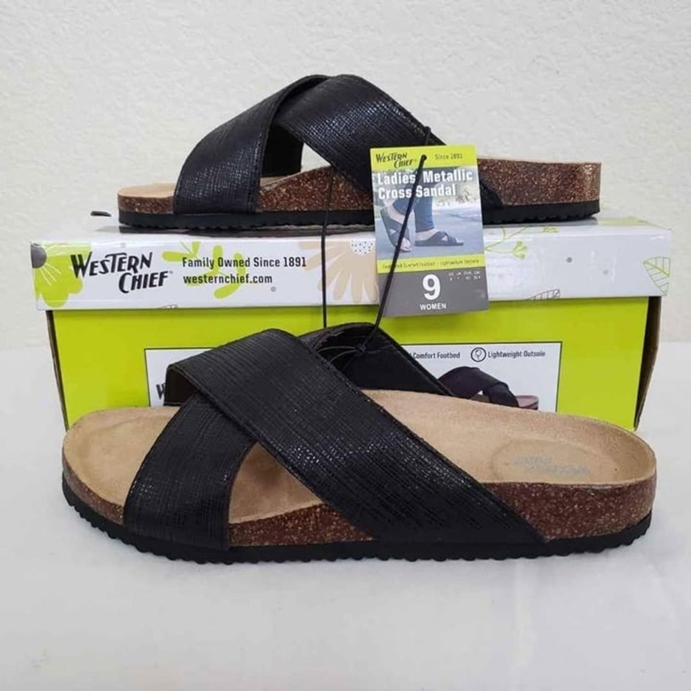 New Western Chief Women's‎ Metallic Cross Sandal Black Size 9